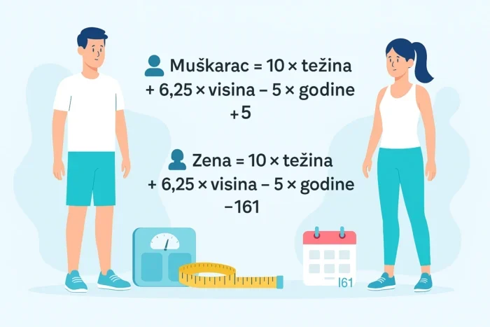 Ilustracija muške i ženske osobe sa prikazanim formulama za izračunavanje BMR-a (bazalnog metabolizma): za muškarce i žene, uz elemente poput vage, metra i kalendara.