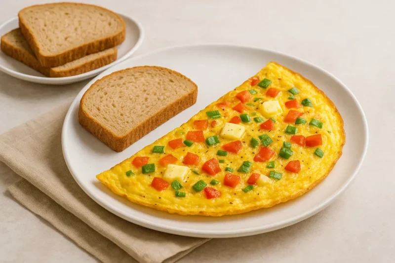 Omlet sa jajima, paprikom i sirom poslužen uz integralni tost – ukusan i kaloričan doručak za povećanje mišićne mase.