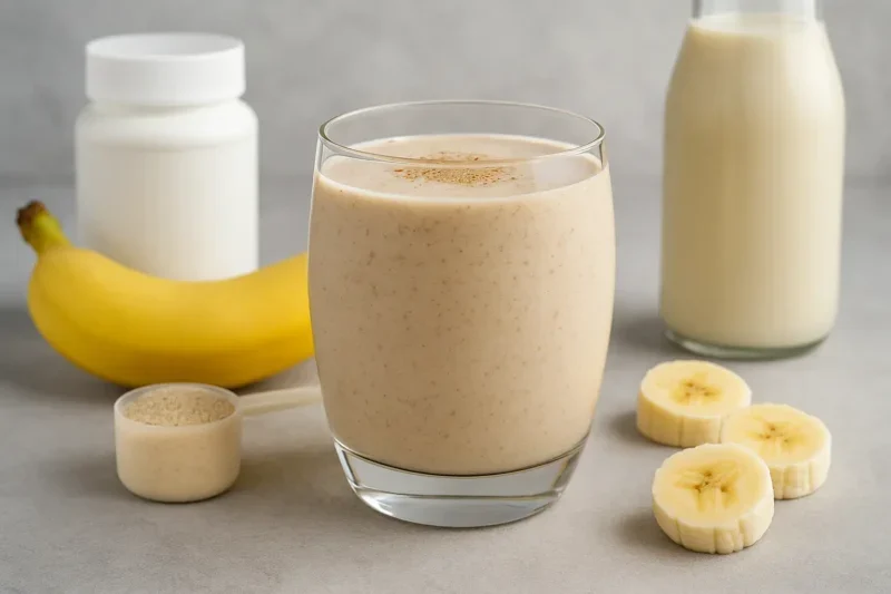 Smoothie sa bananom, whey proteinom i ovsenim mlekom u staklenoj čaši, sa svežom bananom i mericom proteina u pozadini – brz i praktičan doručak za povećanje mišićne mase.