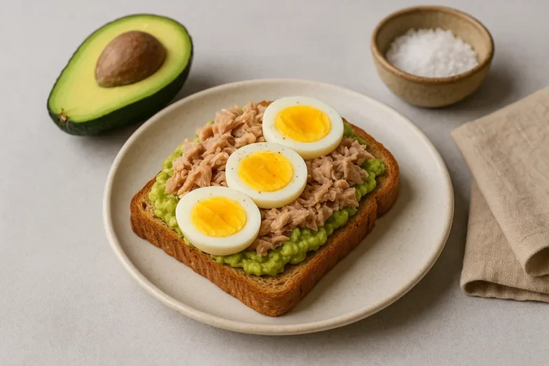 Integralni tost premazan avokadom, sa tunjevinom i kuvanim jajima u kolutovima, serviran na keramičkom tanjiru uz polovinu avokada i posudu sa krupnom solju – bogat i izbalansiran doručak za rast mišića.