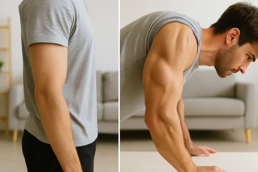 Poređenje ruku muškarca pre i posle vežbanja – leva strana prikazuje ruku u opuštenom stanju, dok desna prikazuje zategnutu i mišićavu ruku tokom treninga sa telesnom težinom.