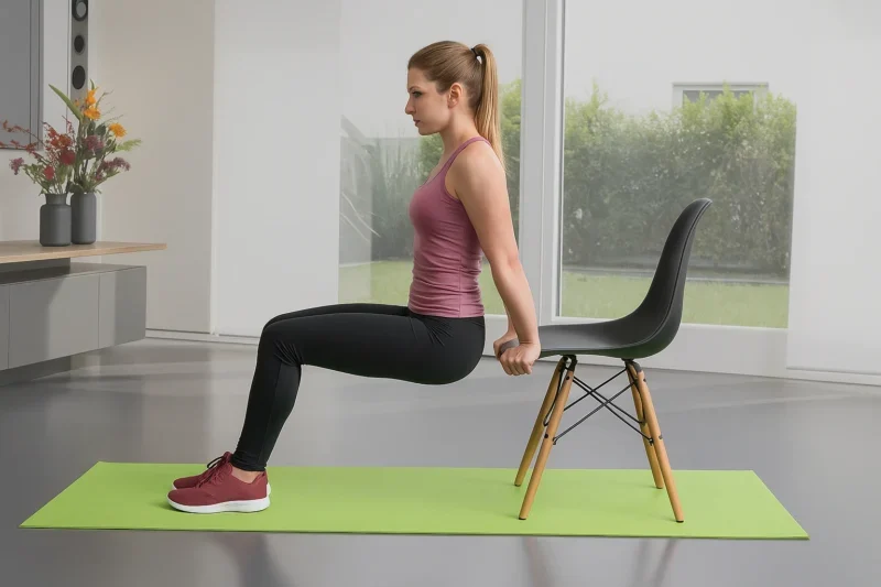 Žena izvodi triceps dip vežbu koristeći stolicu kod kuće, oslanjajući se rukama na stolicu dok su noge ispružene ispred tela.