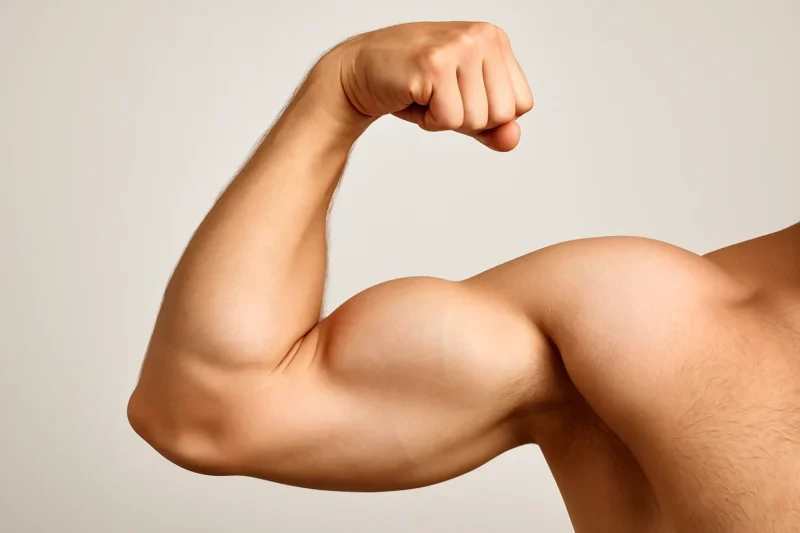 Muškarac pokazuje savijen biceps u klasičnoj “flex” pozi, naglašavajući definiciju mišića bez korišćenja tegova.