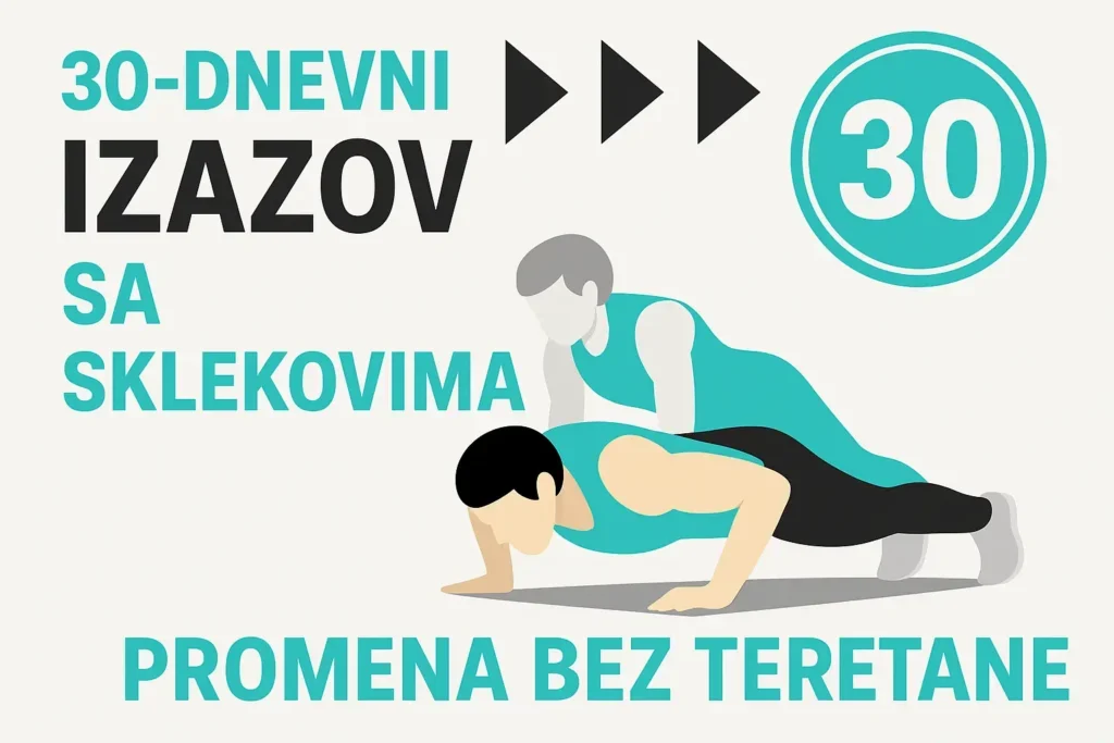 Ilustracija muškarca koji radi sklekove uz tekst „30-dnevni izazov sa sklekovima – promena bez teretane”" title="30-dnevni izazov sa sklekovima – treniraj bez opreme i teretane.