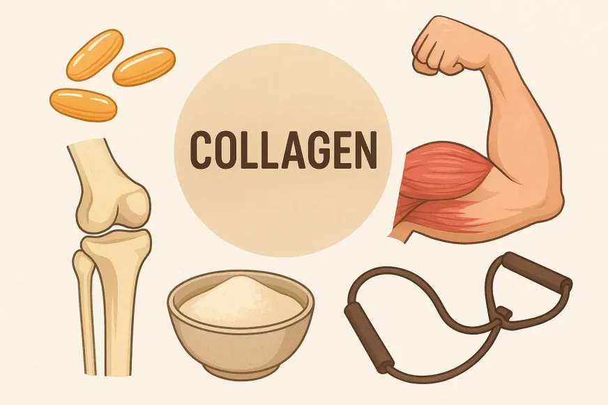 Ilustracija kolagena i njegovih izvora – kapsule, prah, zglobovi, mišići i traka za vežbanje