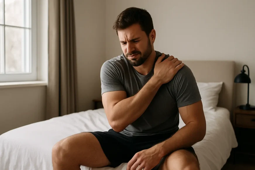 Muškarac oseća bol u mišićima posle treninga i pita se da li je to dobro.