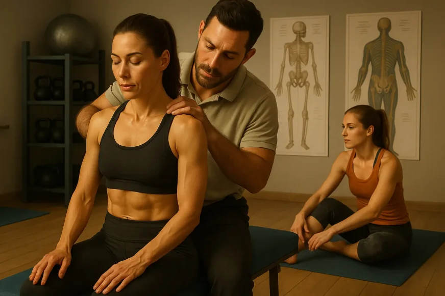 Chiropraktičar vrši podešavanje ramena i kičme kod atletski građene žene u sportskoj opremi, dok druga vežbačica sedi u pozadini na prostirci, u prostoru sa anatomskim posterima i rekvizitima za trening.