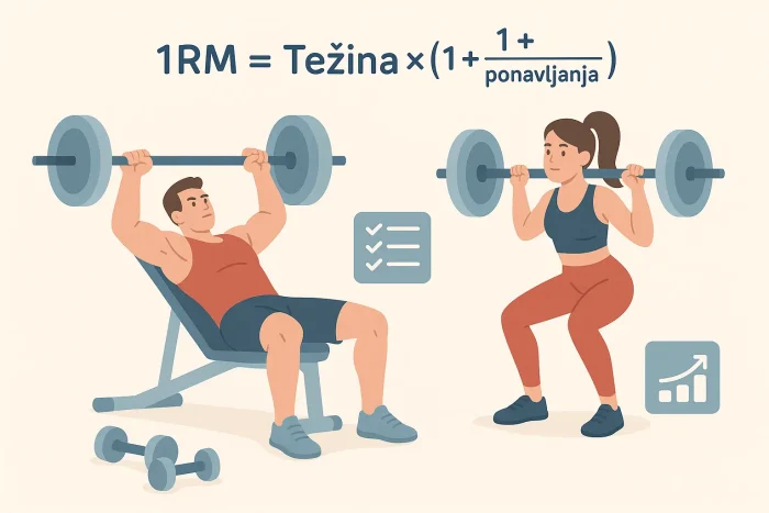 Ilustracija muškarca i žene koji izvode benč pres i čučanj ispod formule za izračunavanje maksimalne snage (1RM).