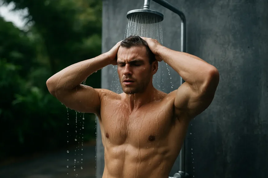 Mišićav muškarac pod tušem drži ruke na glavi dok se hladi nakon treninga za brži oporavak mišića.