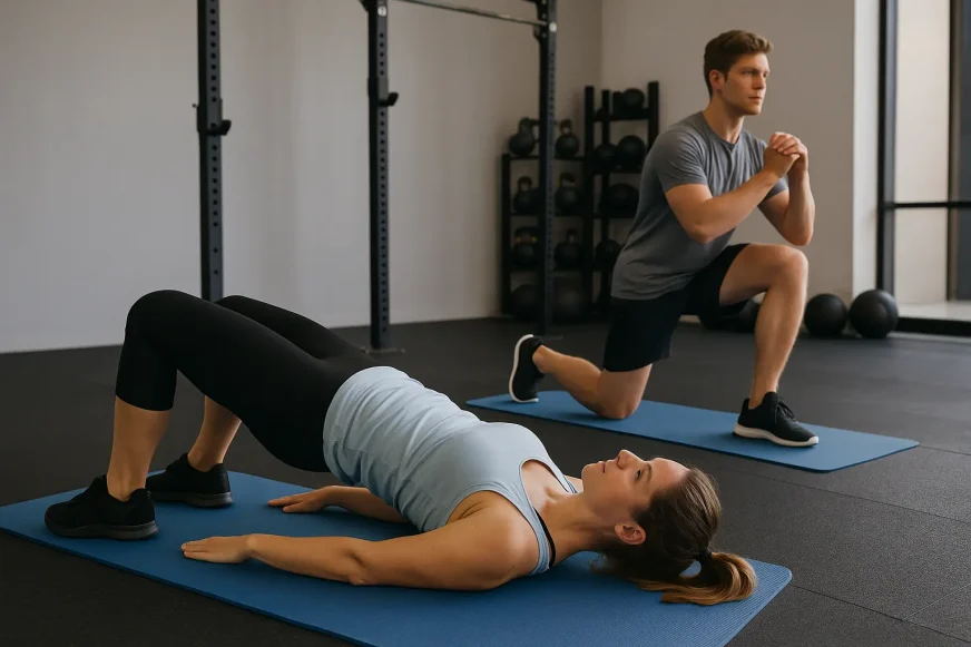 Žena izvodi vežbu podizanja kukova ležeći na prostirci dok muškarac u pozadini radi iskorak u teretani, fokusirajući se na jačanje kolena, zglobova i stabilnosti tela tokom treninga snage.