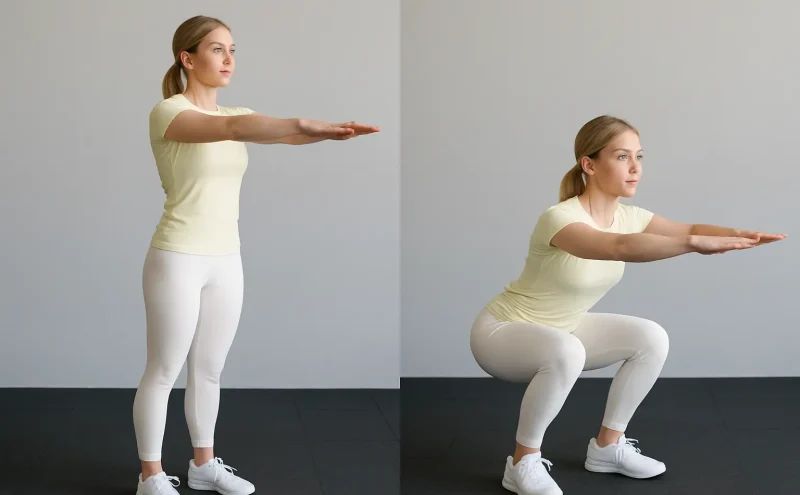 ena u svetloj sportskoj opremi demonstrira pravilnu tehniku izvođenja čučnja, prikazujući početni položaj sa ispruženim rukama i spušteni položaj sa leđima pravo i kukovima unazad kako bi aktivirala mišiće nogu bez opterećenja kolena.