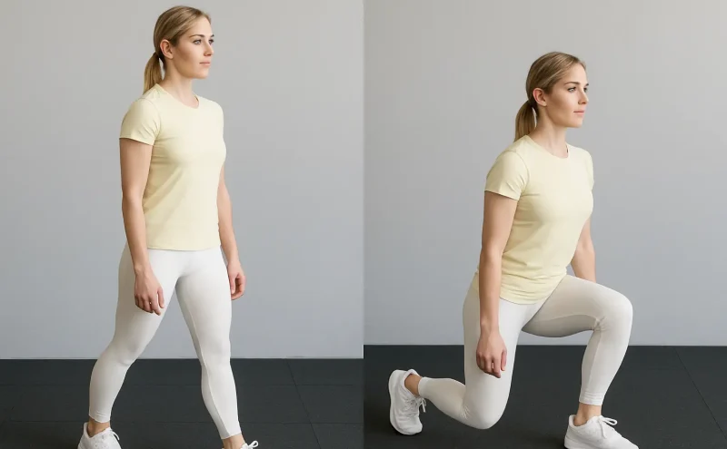 Žena u svetloj sportskoj odeći demonstrira iskorake unapred, prikazujući početni položaj sa uspravnim držanjem i korak napred sa savijenim kolenom kako bi aktivirala kvadricepse, gluteuse i zadnju ložu uz održavanje ravnoteže i stabilnosti kolena.