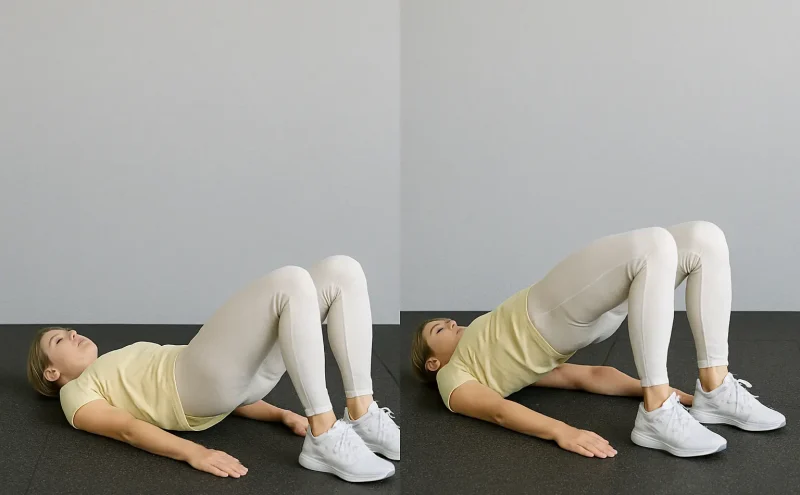 Žena u svetloj sportskoj odeći izvodi most (glute bridge) vežbu ležeći na leđima sa savijenim kolenima, podiže kukove ka plafonu i zateže gluteuse kako bi ojačala zadnju ložu, gluteuse i core mišiće za bolju stabilnost tela.