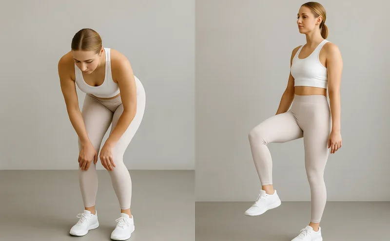 Žena u svetloj sportskoj opremi demonstrira vežbe rotacije kolena sa blagim savijanjem i rotacije skočnih zglobova podižući jednu nogu, kako bi zagrejala i poboljšala mobilnost i stabilnost zglobova pre glavnog treninga.