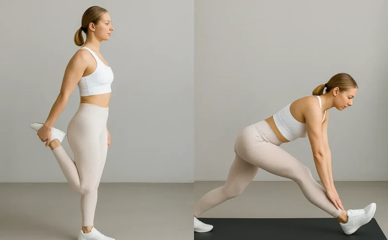 Žena u svetloj sportskoj opremi demonstrira istezanje kvadricepsa hvatajući stopalo iza leđa i istezanje zadnje lože oslanjajući petu napredne noge na pod i savijajući se iz kukova ka stopalu kako bi poboljšala fleksibilnost i smanjila napetost u mišićima.