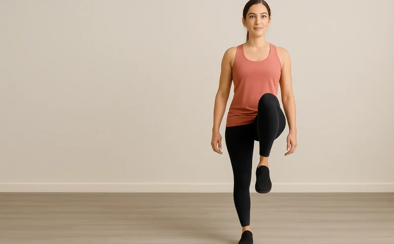 ena u sportskoj opremi stoji na jednoj nozi sa podignutim kolenom u visini kukova, izvodeći balans vežbu za jačanje mišića stabilizatora oko kolena i zglobova radi bolje ravnoteže i prevencije povreda.