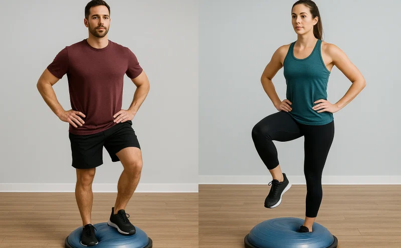 Muškarac i žena izvode balans vežbe na BOSU lopti, muškarac stoji sa obe noge dok žena izvodi jednonožni balans, fokusirajući se na jačanje mišića stabilizatora kolena, gležnjeva i kukova za bolju ravnotežu i prevenciju povreda.
