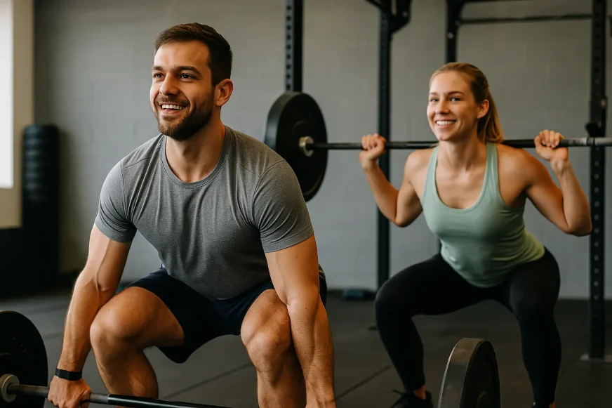 Muškarac izvodi deadlift, a žena čučanj u teretani, fokusirani na snagu bez povećanja mišićne mase.