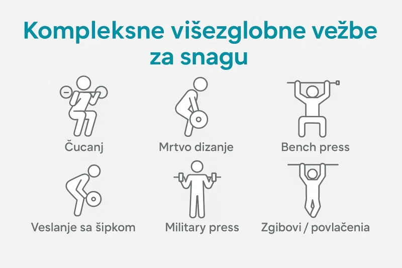 Infografika kompleksnih višezglobnih vežbi za snagu – čučanj, mrtvo dizanje, bench press, veslanje, military press i zgibovi.