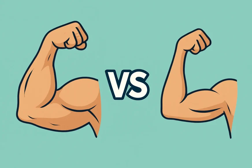 Ilustracija upoređuje mišićav biceps sa manjim bicepsom – zašto ruke ne rastu.