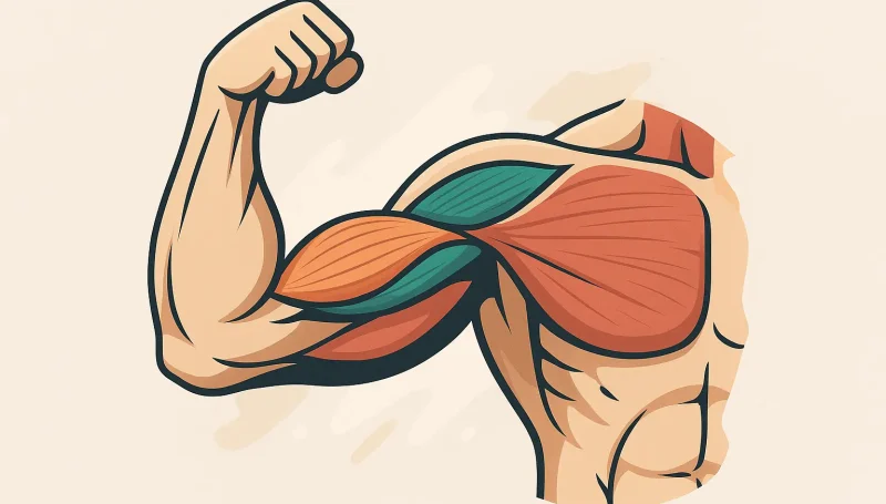 Stilizovana ilustracija bicepsa i tricepsa sa označenim mišićnim glavama.