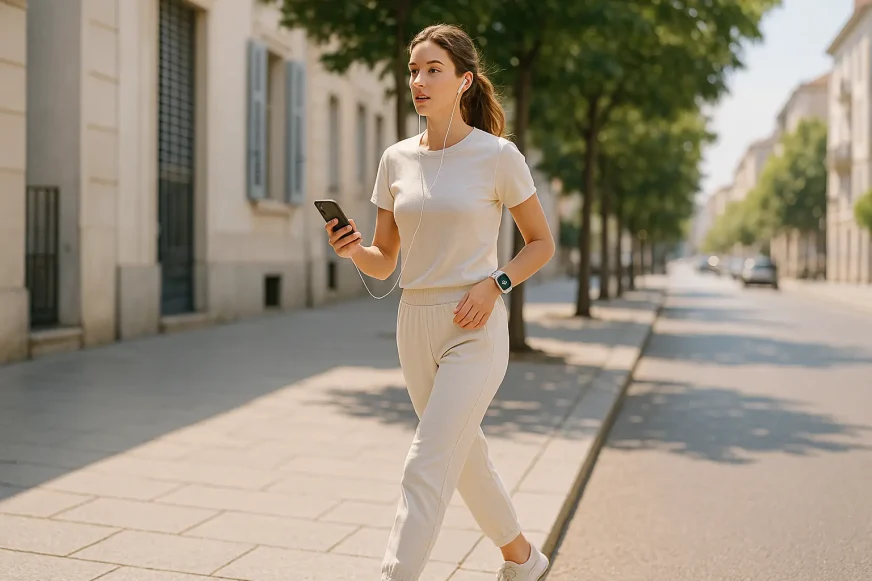 šetnja-za-više-koraka žena u sportskom kompletu šeta ulicom, drži telefon u ruci i koristi slušalice, ilustrujući jednostavan način da poveća broj koraka tokom dana.