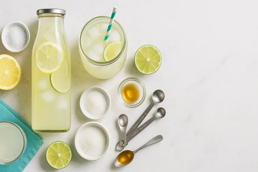 Domaći elektrolit napitak od limuna sa prstohvatom soli i malo meda, čaša sa ledom, boca i merne kašike na beloj podlozi.