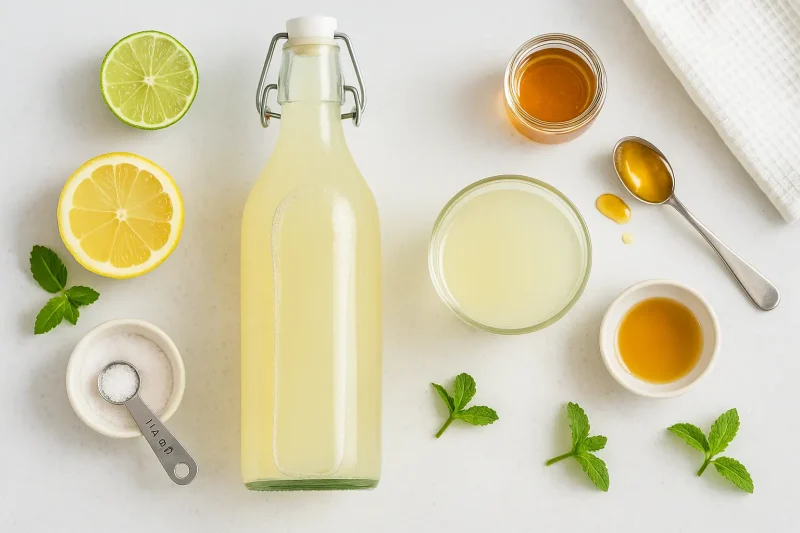 Boca domaćeg elektrolit napitka od limuna sa medom i prstohvatom soli, čaša s napitkom, merna kašika i listići nane na beloj podlozi.