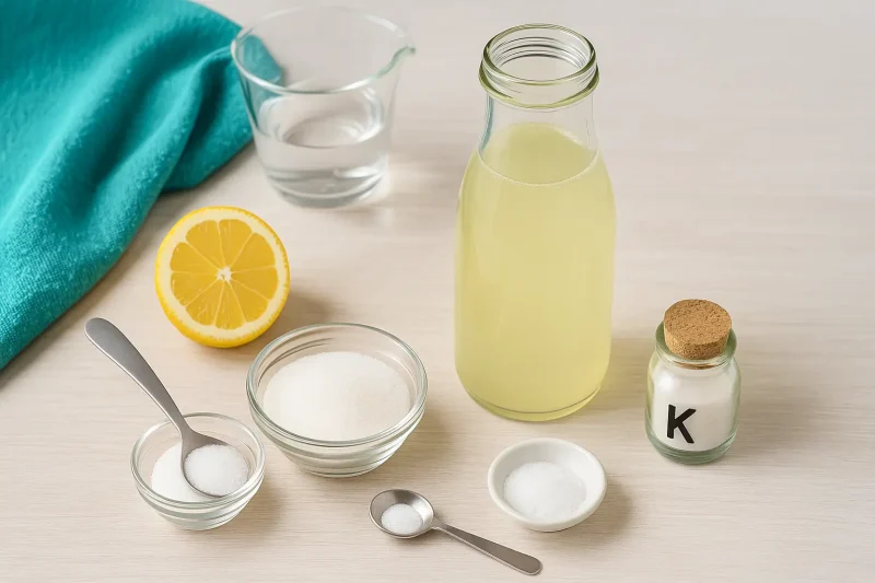 Sastojci za domaći elektrolit napitak: boca limunade, čaša vode, limun, šećer, prstohvat soli i kalijum-so (K), merne kašičice na drvenoj podlozi.