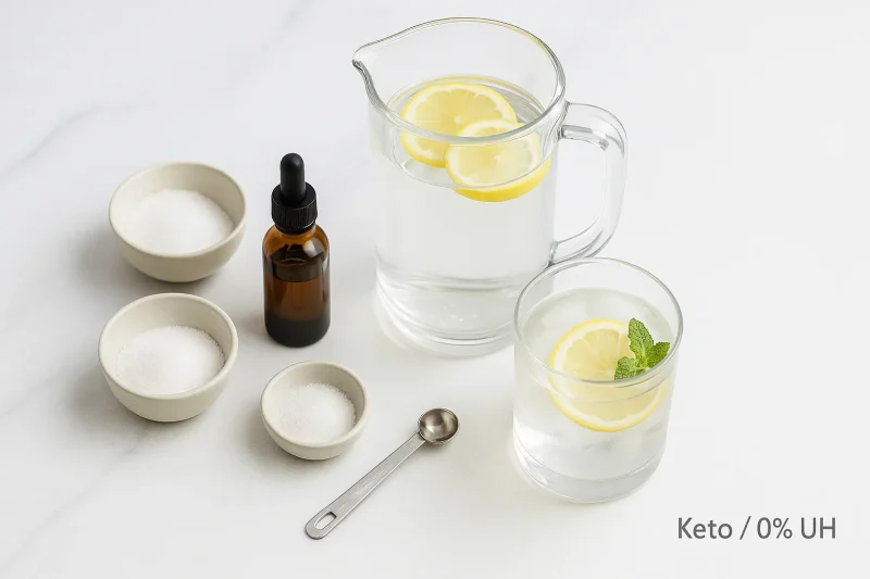 Keto elektrolit napitak bez šećera: bokal i čaša vode sa kriškama limuna, bočica stevije, posudice sa solju i merna kašičica na beloj podlozi.