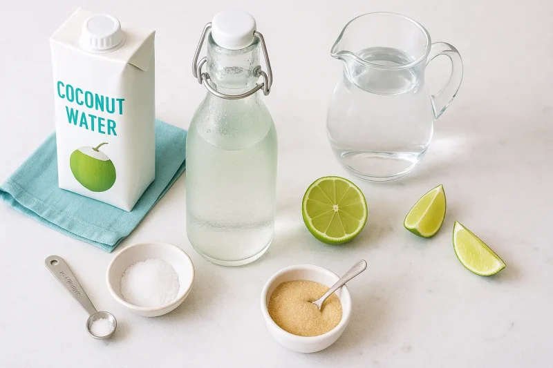 Sastojci za domaći elektrolit sa kokos vodom: tetrapak kokos vode, boca napitka, bokal vode, kriške limete, prstohvat soli i kašičica šećera na beloj podlozi.