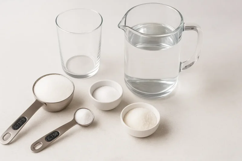 Sastojci za ORS-inspirisan napitak: bokal vode, čaša, merna šoljica šećera, kašičica soli i male posudice sa šećerom i solju na beloj podlozi.