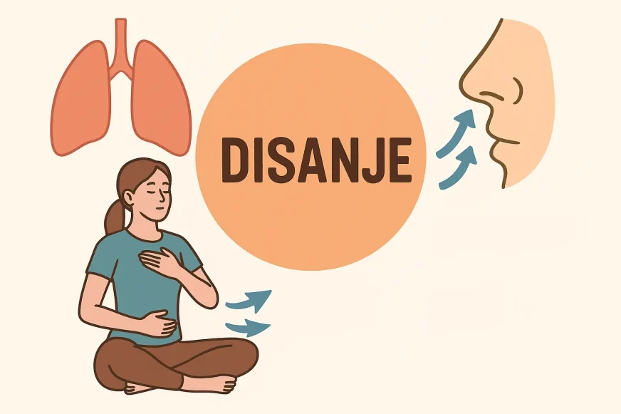 Ilustracija vežbi disanja – prikaz pluća, dijafragmalnog disanja, disanja na nos i ritma udaha za poboljšanje izdržljivosti.