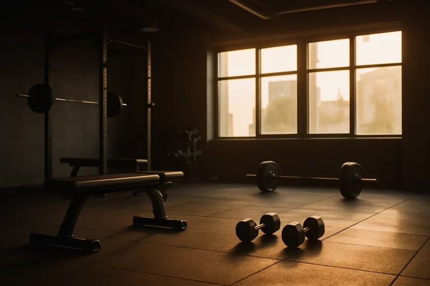 Prazna teretana ujutru sa klupom, bučicama i šipkom uz prozor – simbol nedostatka motivacije za trening.