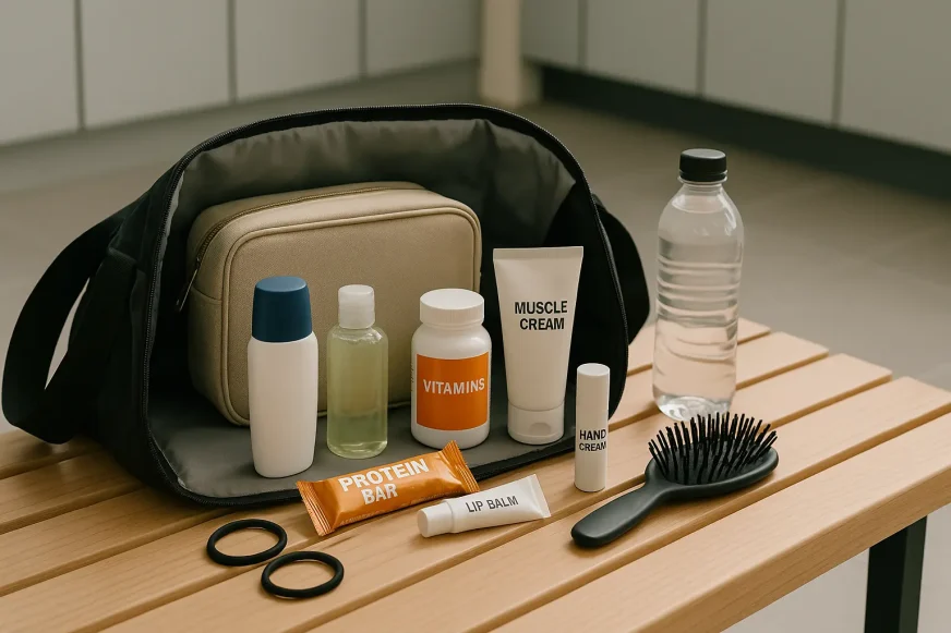 neseser-gym-oprema Organizovan neseser sa kozmetikom i opremom za teretanu na klupi.