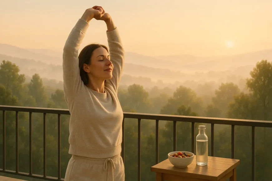 Žena se isteže na balkonu tokom izlaska sunca, u pozadini magloviti brežuljci i zdrav doručak.