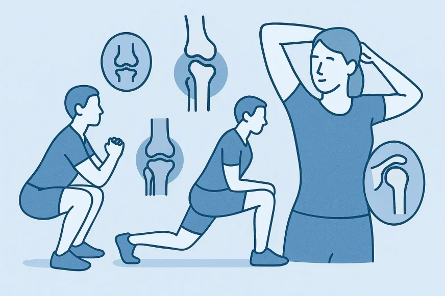 trening-mobilnosti-vezbe-za-zglobove Ilustracija ljudi koji rade vežbe mobilnosti poput čučnja i iskoraka, sa prikazom zglobova, namenjena jačanju i zaštiti zglobova i prevenciji povreda