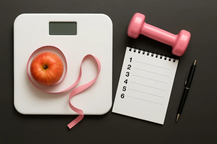 vaga-stagnacija-fitness Digitalna vaga sa jabukom i metrom, roze teg i sveska sa listom koraka za praćenje napretka u mršavljenju.