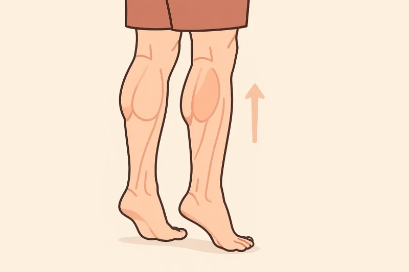 Ilustracija vežbe podizanja na prste stojeći, osoba stoji uspravno, podiže pete od poda i aktivira mišiće listova (gastrocnemius), naglašen pokret prema gore.