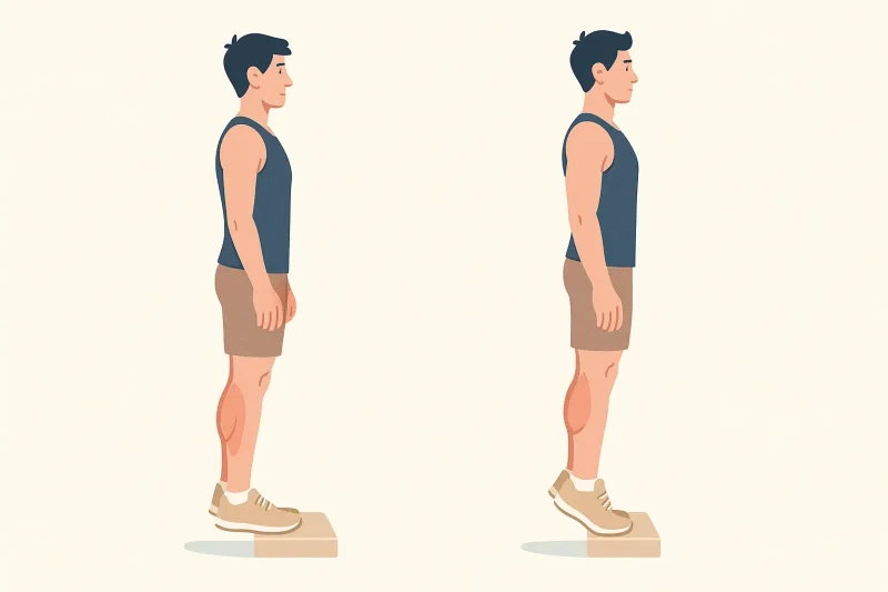 Ilustracija vežbe podizanja na prste na stepeniku, muškarac stoji na ivici daske ili stepenika sa petama spuštenim ispod nivoa, zatim se podiže na prste radi jače kontrakcije listova i većeg opsega pokreta.