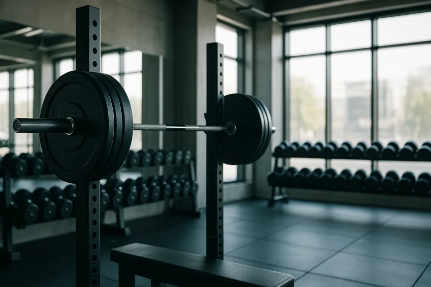 periodizacija-treninga-faze Šipka sa tegovima na squat rack-u u modernoj teretani, simbol discipline i strukture u periodizaciji treninga