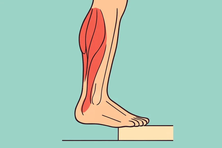 list-noge-vezbe Ilustracija lista noge sa označenim mišićima gastrocnemius i soleus tokom podizanja na prste na stepeniku.