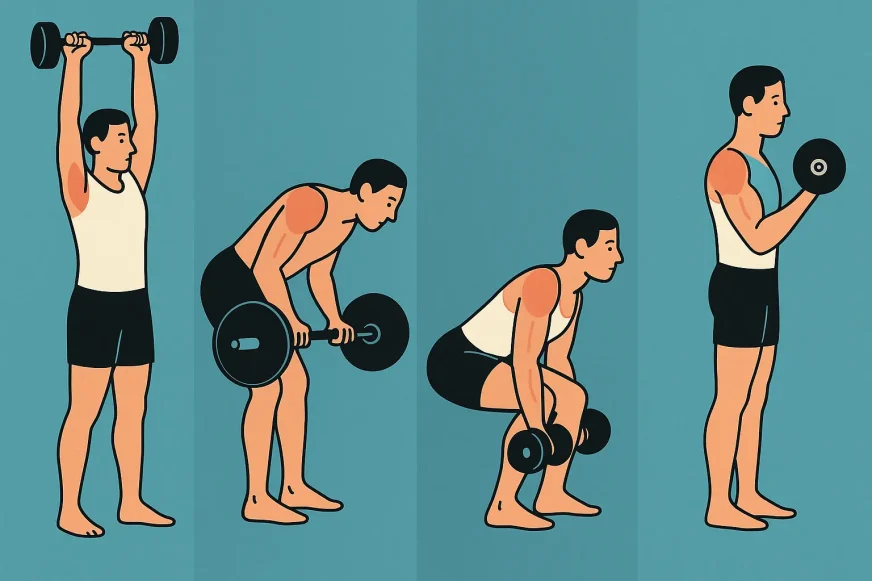 split-trening Edukativna ilustracija split treninga koja prikazuje četiri figure u različitim vežbama – potisak iznad glave, veslanje, čučanj i biceps pregib, simbolično predstavljajući podelu treninga po mišićnim grupama.