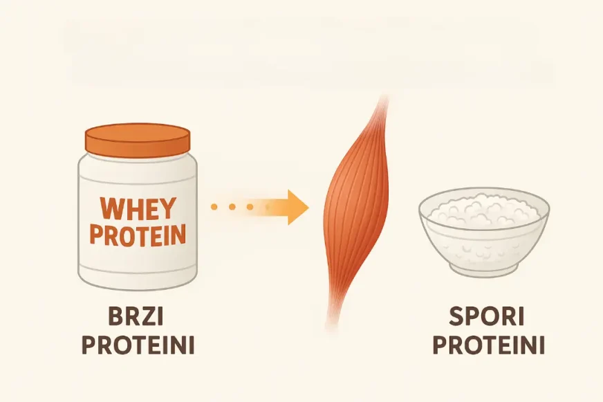 Ilustracija koja prikazuje razliku između brzih i sporih proteina – s leve strane whey protein i brza apsorpcija, a s desne kazein i postepeno oslobađanje hranljivih materija.