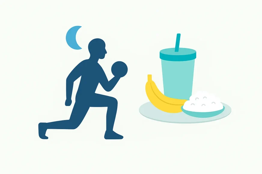Minimalistička infografika koja prikazuje osobu u treningu i tanjir sa laganim obrokom, simbolizujući kasnu ishranu nakon večernjeg treninga.