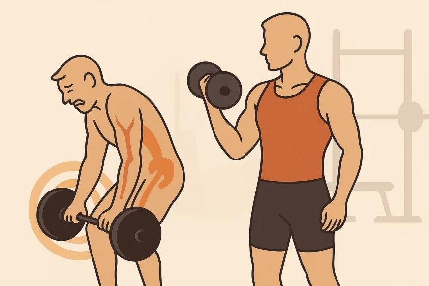 prevelika-vs-pravilna-tezina-trening Ilustracija koja prikazuje razliku između prevelike i pravilne težine tokom treninga – s leve strane osoba podiže pretežak teg, a s desne pravilno izvodi pokret s kontrolom.