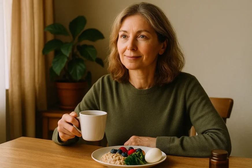 Žena u pedesetim sedi za stolom uz zdrav doručak i šolju čaja u toplom jutarnjem ambijentu doma.