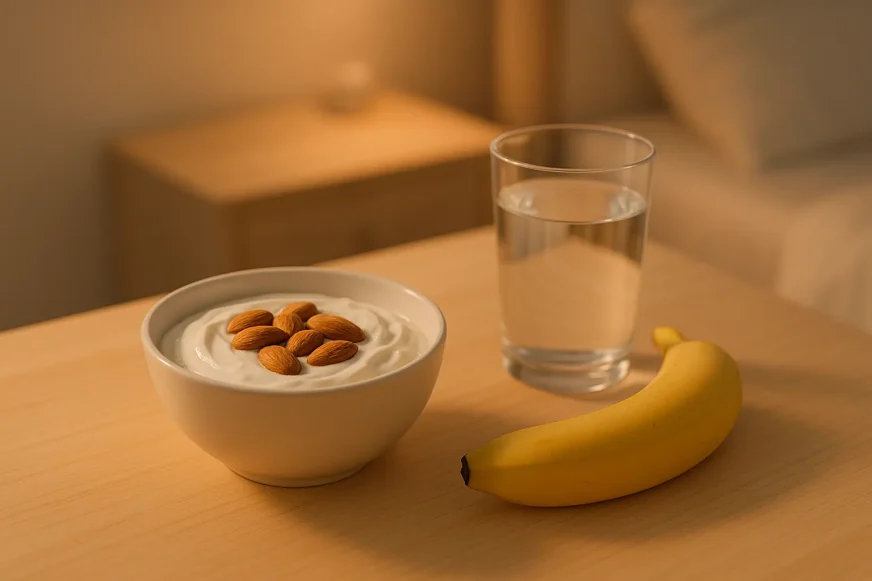 Zdrav obrok pre spavanja sa grčkim jogurtom, bademima, bananom i čašom vode za bolji oporavak i rast mišića.