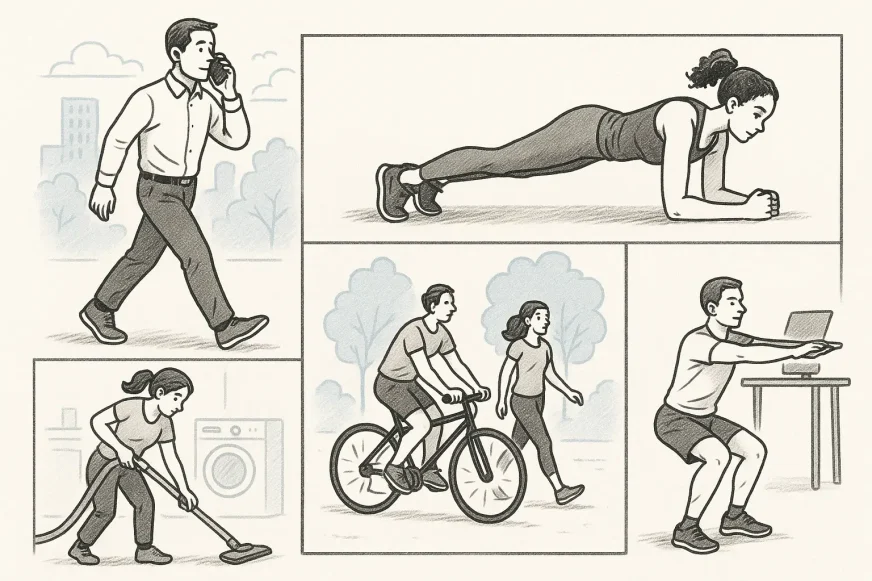 Ilustracija u stilu crteža koja prikazuje pet načina da se sagore više kalorija bez dodatnog vremena u teretani – hodanje dok se razgovara telefonom, plank vežba, usisavanje stana, šetnja i vožnja bicikla u parku, te čučnjevi uz stojeći sto.