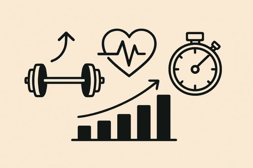 Ilustracija osobe koja trenira uz fokus na kontrolu pokreta i mišićnu napetost, prikazana u minimalističkom stilu bez težina, kao simbol povećanja intenziteta bez dodatnog opterećenja.